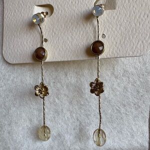 Delicate Gold Flower Drop Earrings with Brown and Clear Accents
